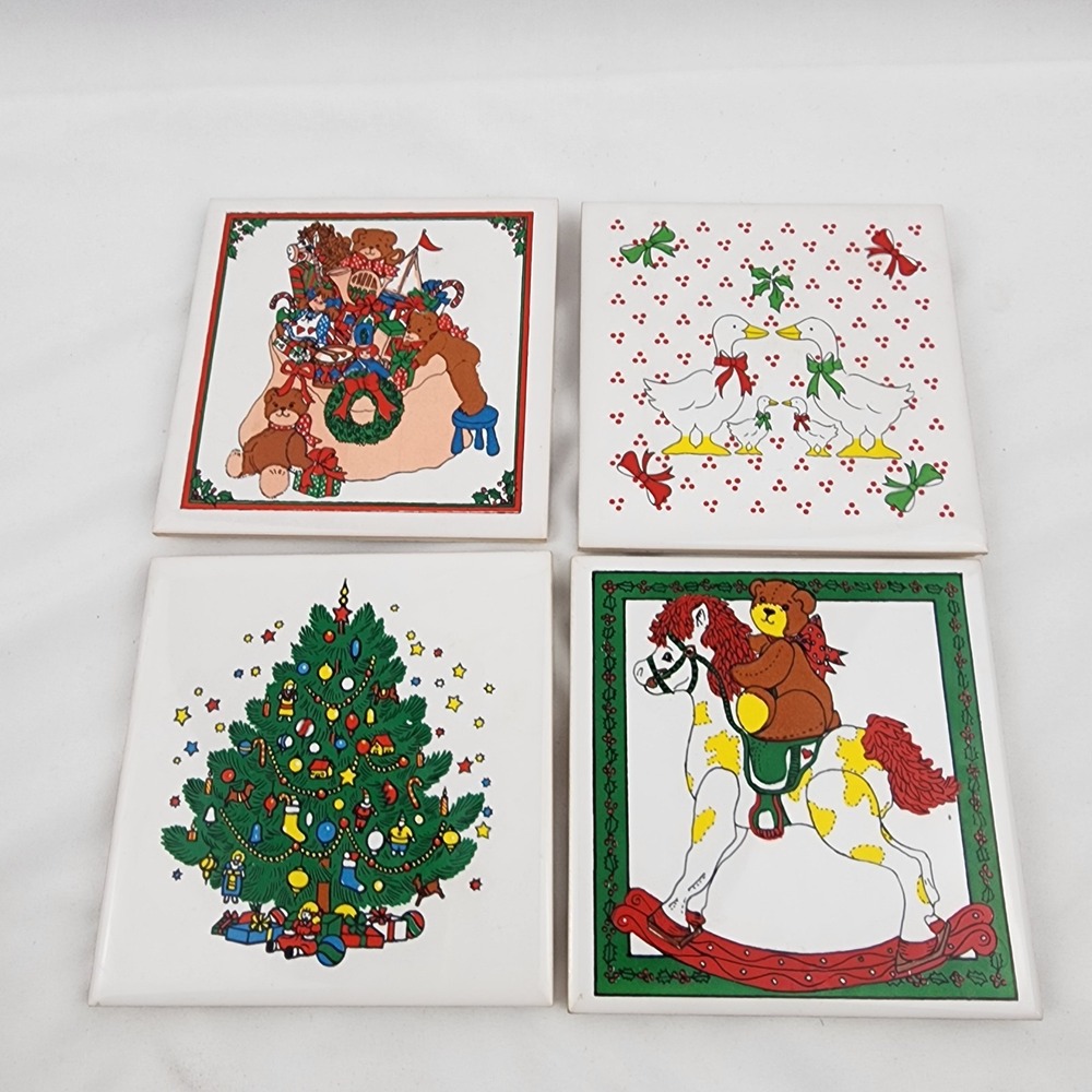 Vintage Christmas Goose Tree Bear Trivet Set Of 4 Country Decor Ceramic‎ Coaster